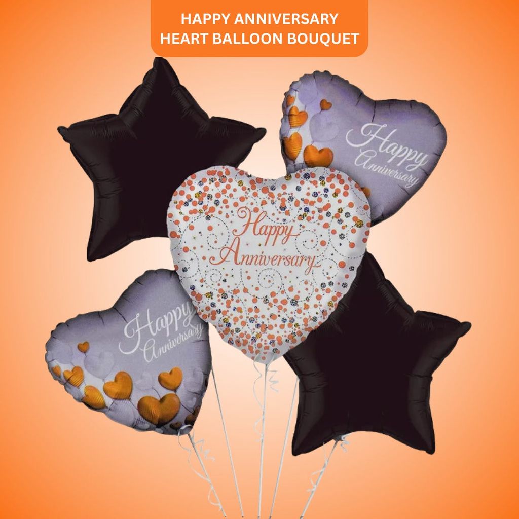 Happy Anniversary Heart & Star Shape Balloon Bouquet - Helium Filled - 5PC - Flowers | Buy online on ZillyBuy