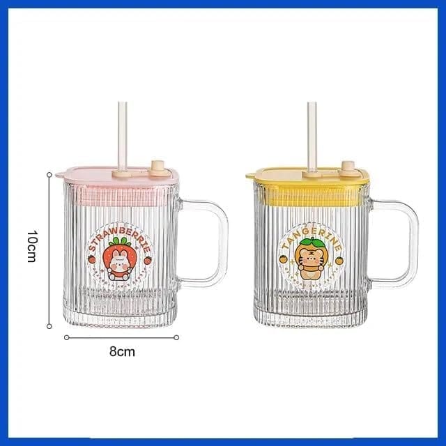 Drinking Glasses 400 ML Coffee Mugs with Handle Lid and Straw Tumbler Travel Sipper Cup for Milk Juice Cocktail Iced Tea Hot Cold Drink Kids Cup (Set of 1) Multi-Colour