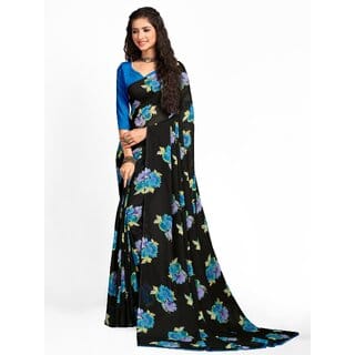 SVB Sarees Womens Black Colour Floral Georgette Printed Saree With Blouse
