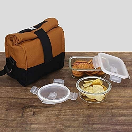 Femora Borosilicate Glass Container Camel Black Lunch Box- Set of 3 (Rectangle 620-1 Pcs + Round 380-2pcs)