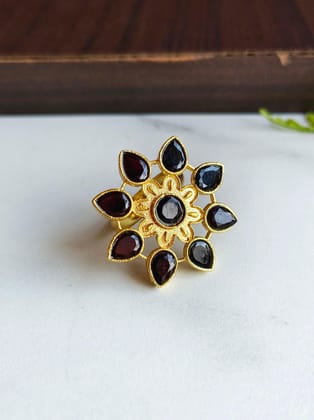 Gold Plated Flower Style with Stone Adjustable Finger Ring | Sarichka-Black