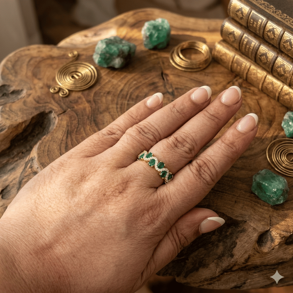 Smitam Jewels Emerald Enigma Adjustable Ring Green Stone Gold Tone Elegant Ring