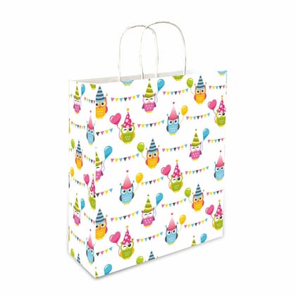 90 GSM Small Owl Theme Printed Attractive Small Party Paper Gift Bags, Ideal For Birthday Return Gifts, Kids Party, & Gifting On Special Occasions (Size:9.4x7.9x3 inch) -  12