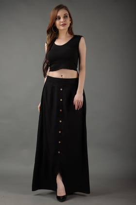 Black Solid Skirt with Buttons-L / Black