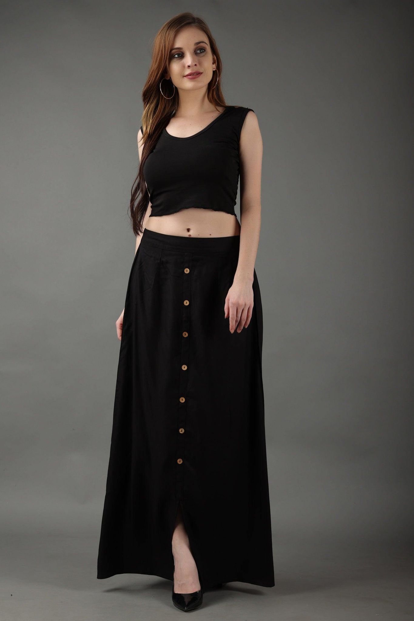 Black Solid Skirt with Buttons-L / Black