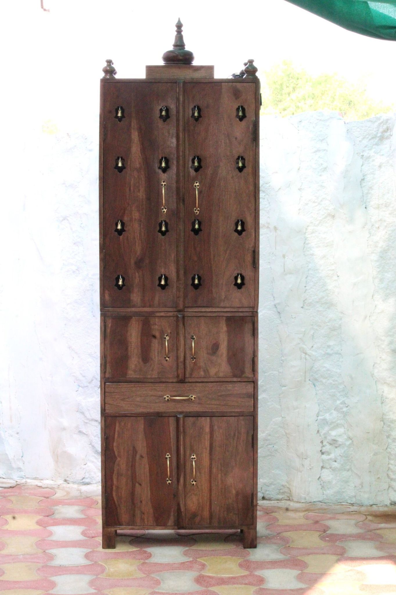 Traditional Wooden Mandir with Brass Bells and Handles for Home Pooja