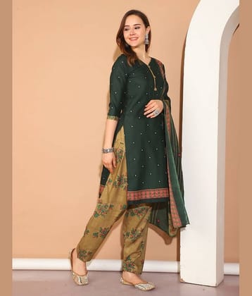 wonder weave Women Cotton Blend Printed Straight Kurti With Patiala Salwar ( Green )