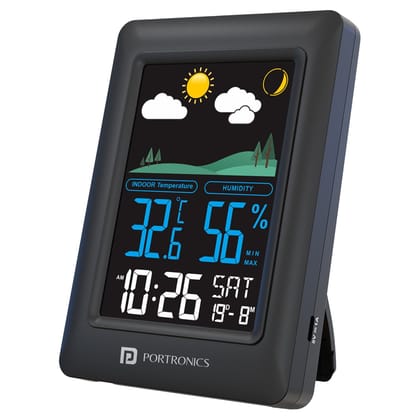 Portronics Meteo Indoor Weather Station LED Display Temperature & Humidity Monitor, Max/Min Records  Alarm & Snooze, 12/24 Format - Black