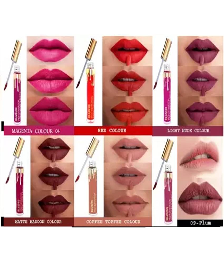 Blushis Smudge Proof Waterproof Longlasting Matte Liquid Lipstick of 6 pc( pack of 6, 36 ml)