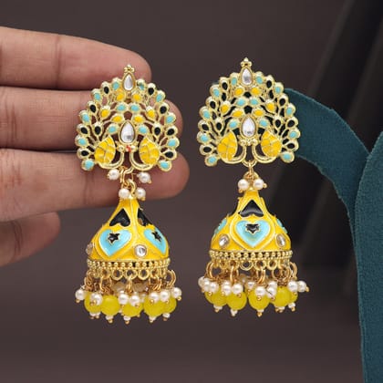 Yellow Color Meenakari Earrings (MKE1998YLW)-Length: 7.50 CM x Width: 2.00 CM / Yellow / Alloy With Good Quality Gold Plated