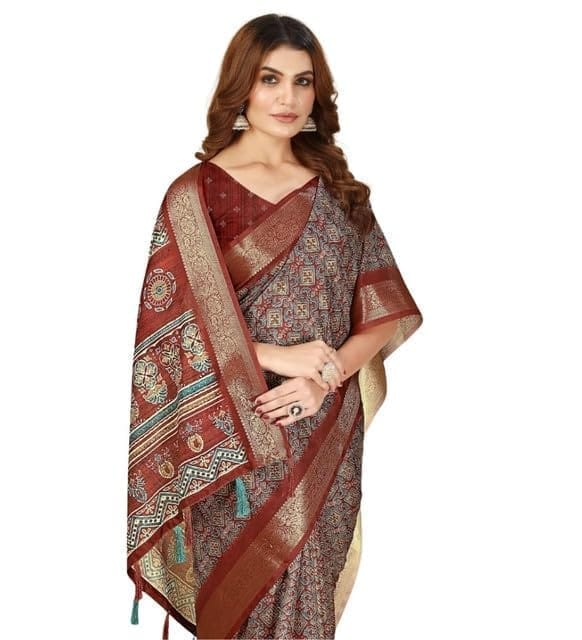 Women's Cotton Blend Printed Saree With Unstitched Blouse 5.5Mtr (Multicolor)-PID66532