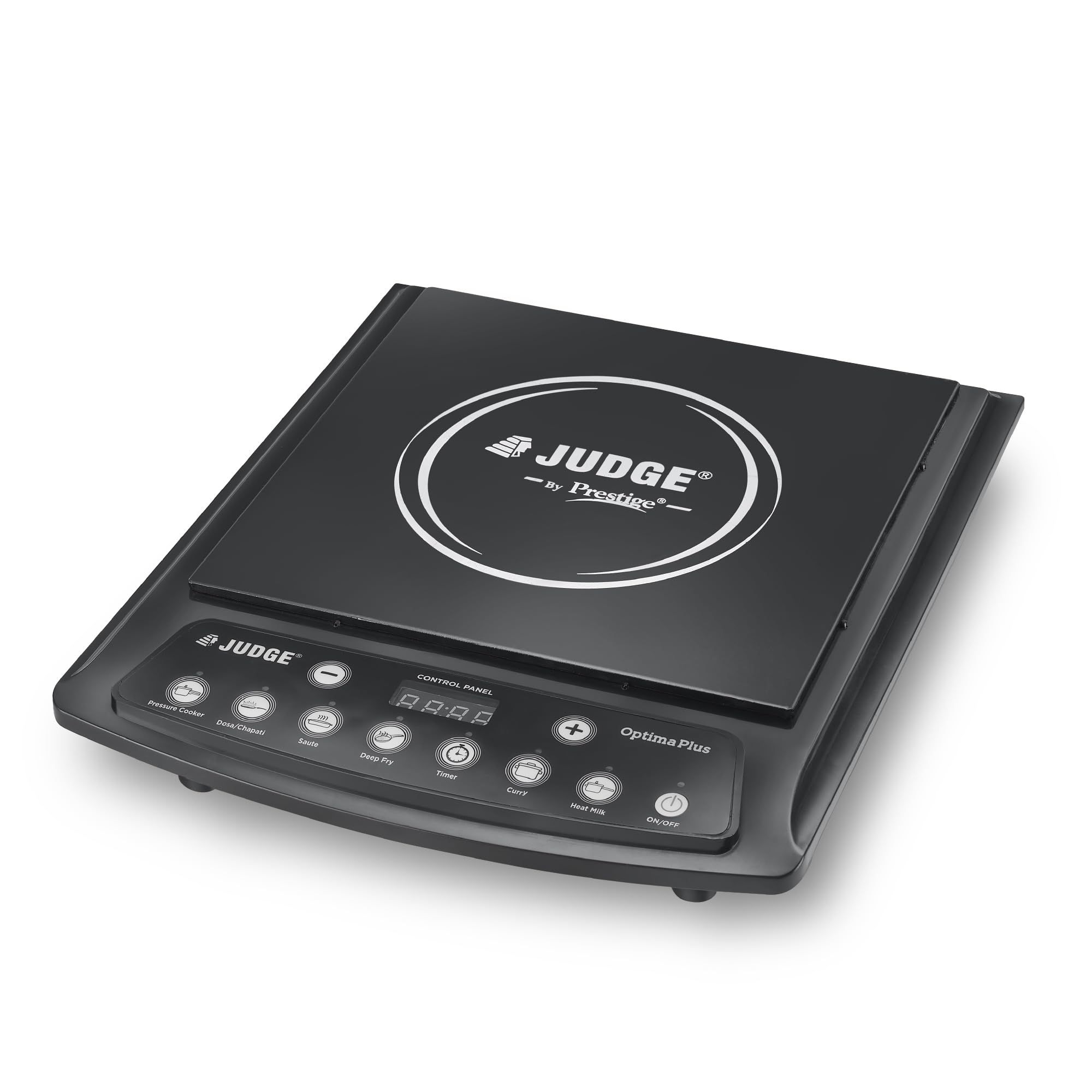 Judge by Prestige 1600Watts Optima Plus Induction Cooktop | Pre-Set Indian Menu Options | Timer Function | Push Butoon | Easy to Clean Design, Black Black / 1600 W