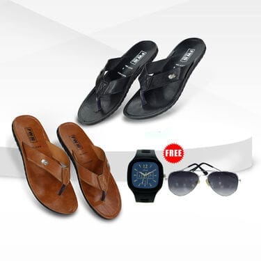 Pack of 2 Men's Leatherite Sandals + Free Sports Watch And Sunglasses (ET55)