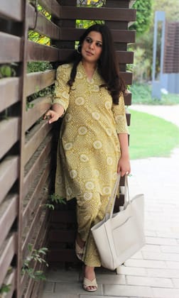 Cotton Handblock Collared Overlapping V Neck Mustard Coord-XXS