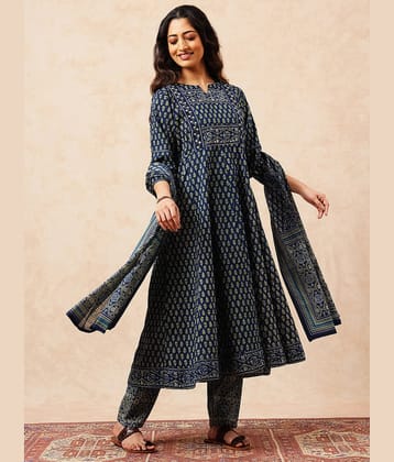Vbuyz Women Cotton Printed Anarkali Kurti With Pants ( Blue )