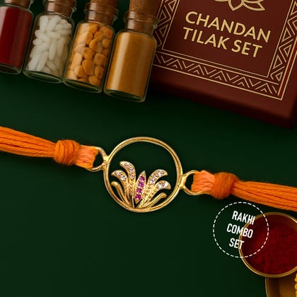 Pure 92.5 Silver Gold Plated Lotus Rakhi with Chandan Tilak Set