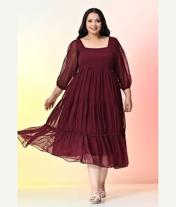 PrettyPlus by Desinoor.com Women Georgette Self Design Fit & Flare Dress ( Wine )