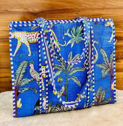 Handblock Printed Quilted Tote Bag with concealed zip ( 17x18x 6 inches)