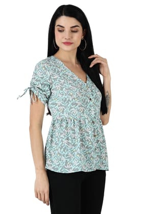 Leaves Printed Top with Front Buttons-L / Light Green