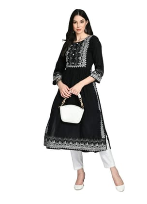 Women's Casual Rayon 3-4th Sleeves Kurti (Black, S)-PID63379 Women's Casual Rayon 3-4th Sleeves Kurti (Black, S)-PID63379