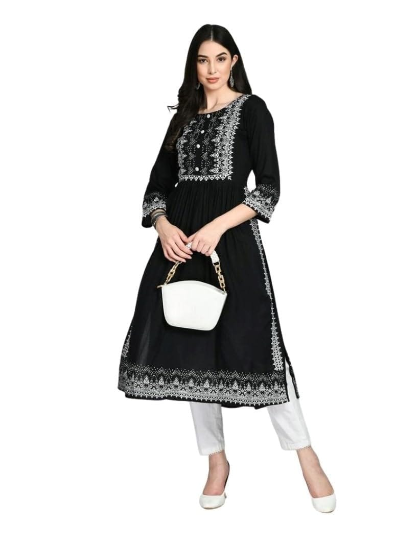 Women's Casual Rayon 3-4th Sleeves Kurti (Black, S)-PID63379