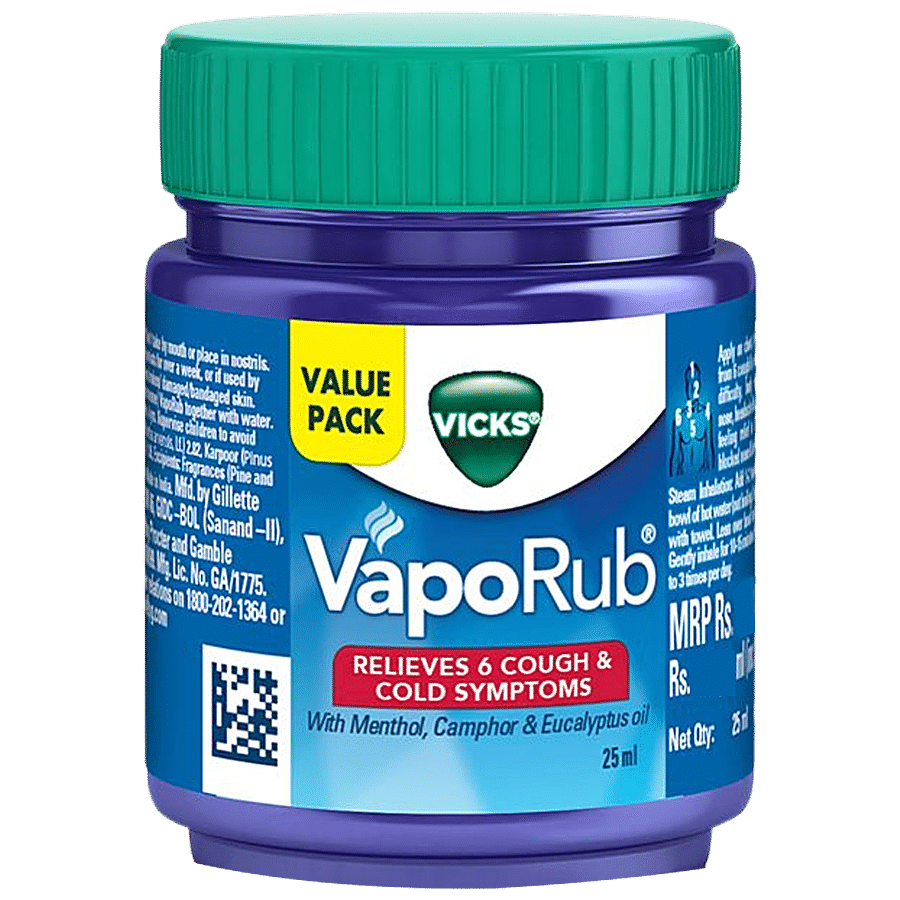 Vicks Vapo Rub With Menthol, Camphor & Eucalyptus Oil - Relieves Cold & Cough, Clears Blocked Nose, 25 ml Bottle