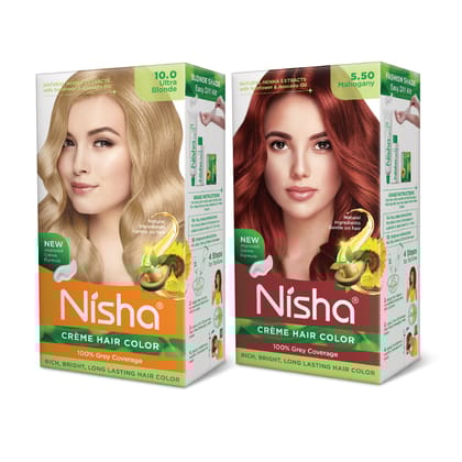 Nisha Creme Hair Color Combo, Pack of 2 Ultra Blonde & Mahogany