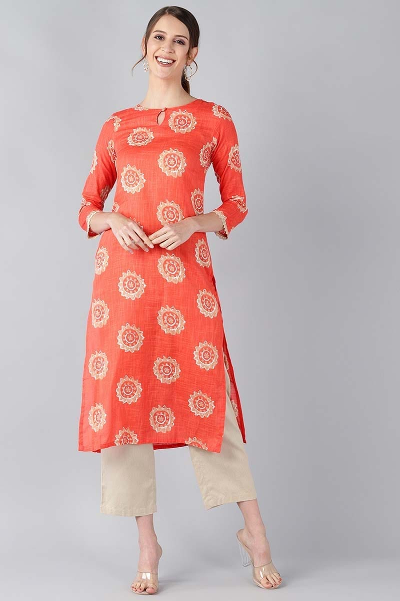 Women Coral Orange & Beige Screen Printed Straight Kurta VCK1641