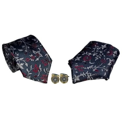 VOICI France mens necktie pocket square and cufflinks combo gift set gray colore free size grey color - Gray & Red