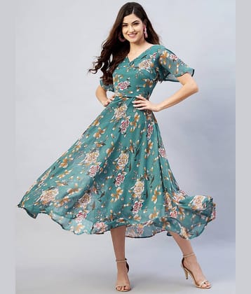 kedar fab Georgette Printed Midi Women's Fit & Flare Dress - Teal ( Pack of 1 )