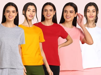 Young Trendz Womens Regular Fit Combo Solid Tshirt-S / Grey Mustard  Red Pink White