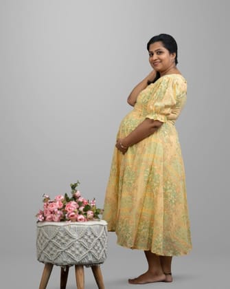 Yellow Floral Frock With Designer Yoke And Short Balloon Sleeves - Short Sleeves