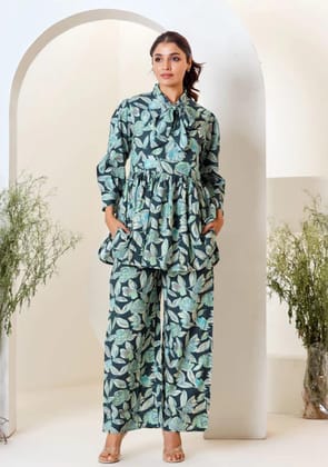 Green Floral Print Muslin Peplum Top With Bell-Bottom-M
