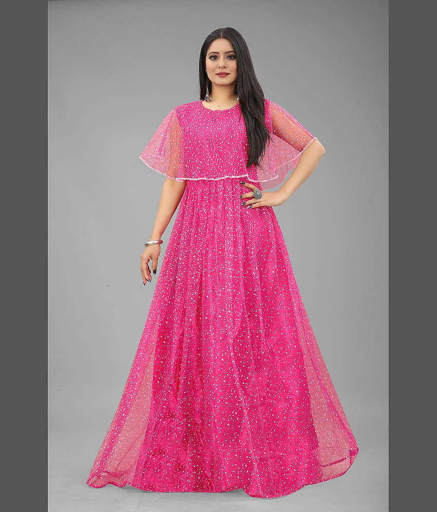 Apnisha - Pink Flared Net Women's Stitched Ethnic Gown ( Pack of 1 )