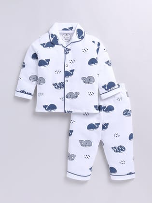 White Whale Print Full Sleeve Night Suit-6-9 m