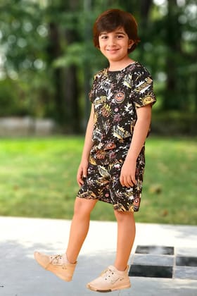 MULTICOLOR PRINTED BLACK T-SHIRT AND SHORTS SET FOR BOYS & GIRLS
