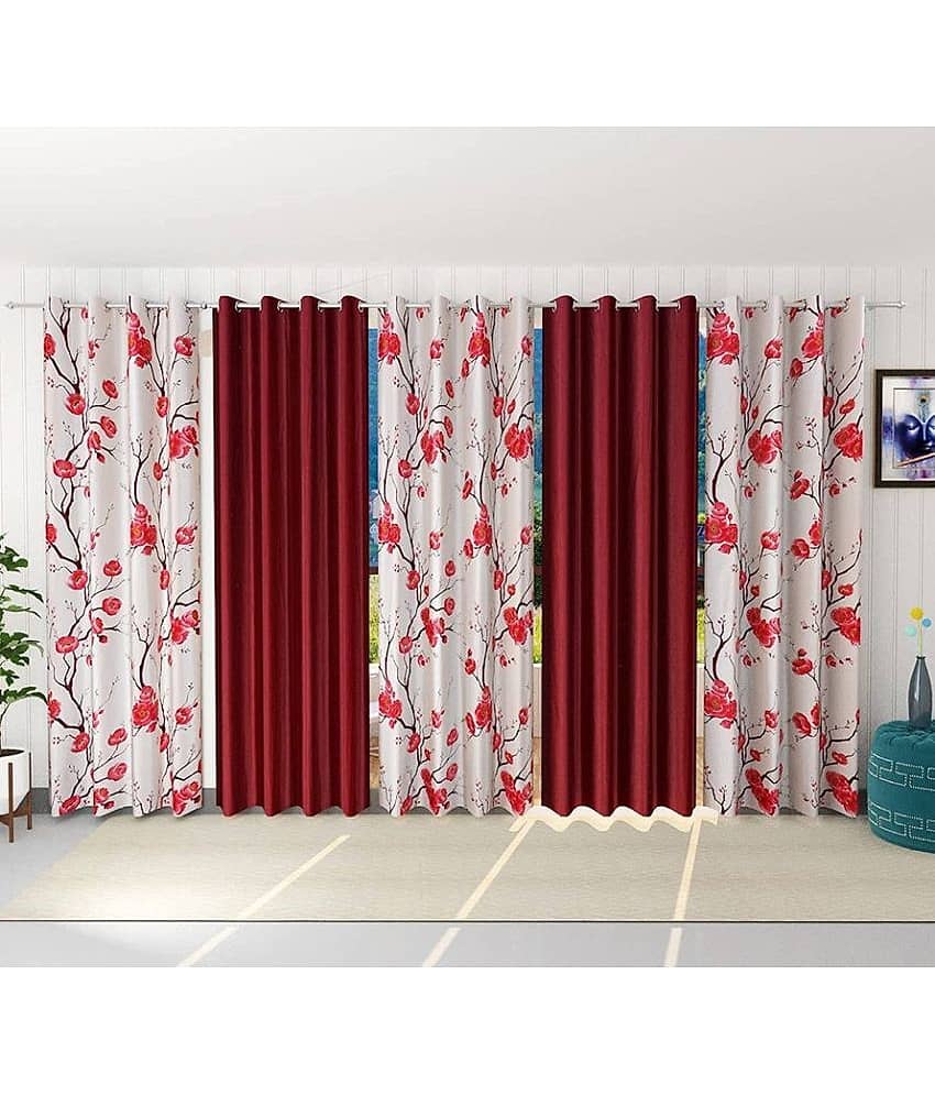 Kraftiq Homes Floral Semi-Transparent Eyelet Curtain 5 ft ( Pack of 5 ) - Red