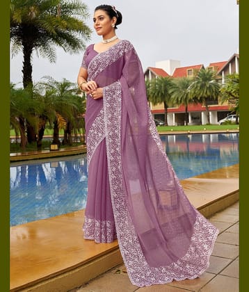 Samah Chiffon Embroidered Saree With Unstitched Blouse Piece ( Purple )