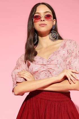 Peach Cotton Ethnic Motifs Crop Top VT1169