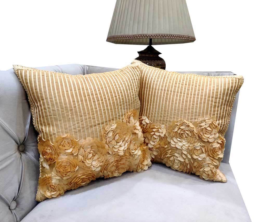 GOODVIBES Yellow Cream Golden Cushion Cover Floral Satin Stitched Zippered Cushion Cover | 16X16 Inches | 40cm * 40 cm I Set of 2| - Flowers | Buy online on ZillyBuy