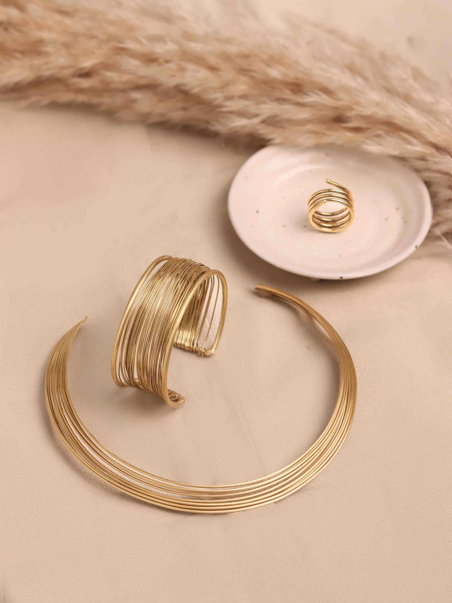 Wired Combo Choker + Bracelet + Ring - 3 Brass Jewellery (Anti Tarnish)
