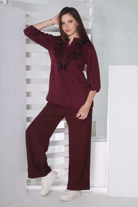 Chic Contrast: Maroon Top and Palazzo Set with Black Dori Embroidery-XL