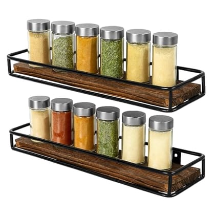 Craft Expertise Wall Mounted Kitchen Spice Rack Organizer – Space Saving Black Iron Rack with Wooden Base –
