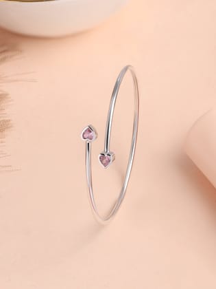 Pink Cz Heart Cuff Silver Bangle