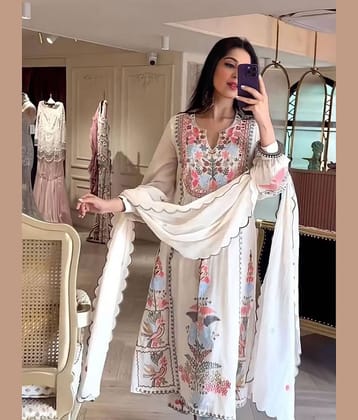Eeloo Georgette Embroidered Kurti With Pants Women's Stitched Salwar Suit - White ( Pack of 1 )