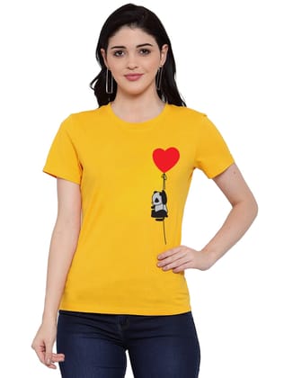 Women's Cotton Blend Panda With Heart Balloon Printed T-Shirt L (Yellow)