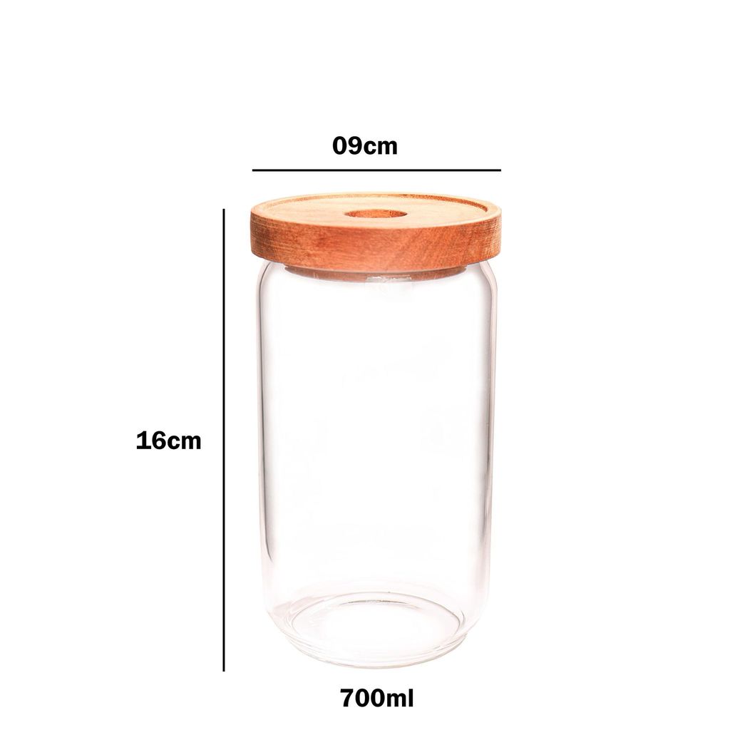 Femora Borosilicate Glass Jar with Bamboo Lid Air-700 ml, Tight Jar, 1pc