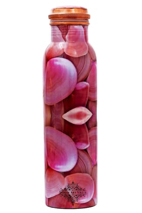 Indian Art Villa Pure Copper Pink Rose Petals Printed Design Lacquer Coated Water Bottle,Health Benefits, Drinkware-PinkLeaf / 750ml