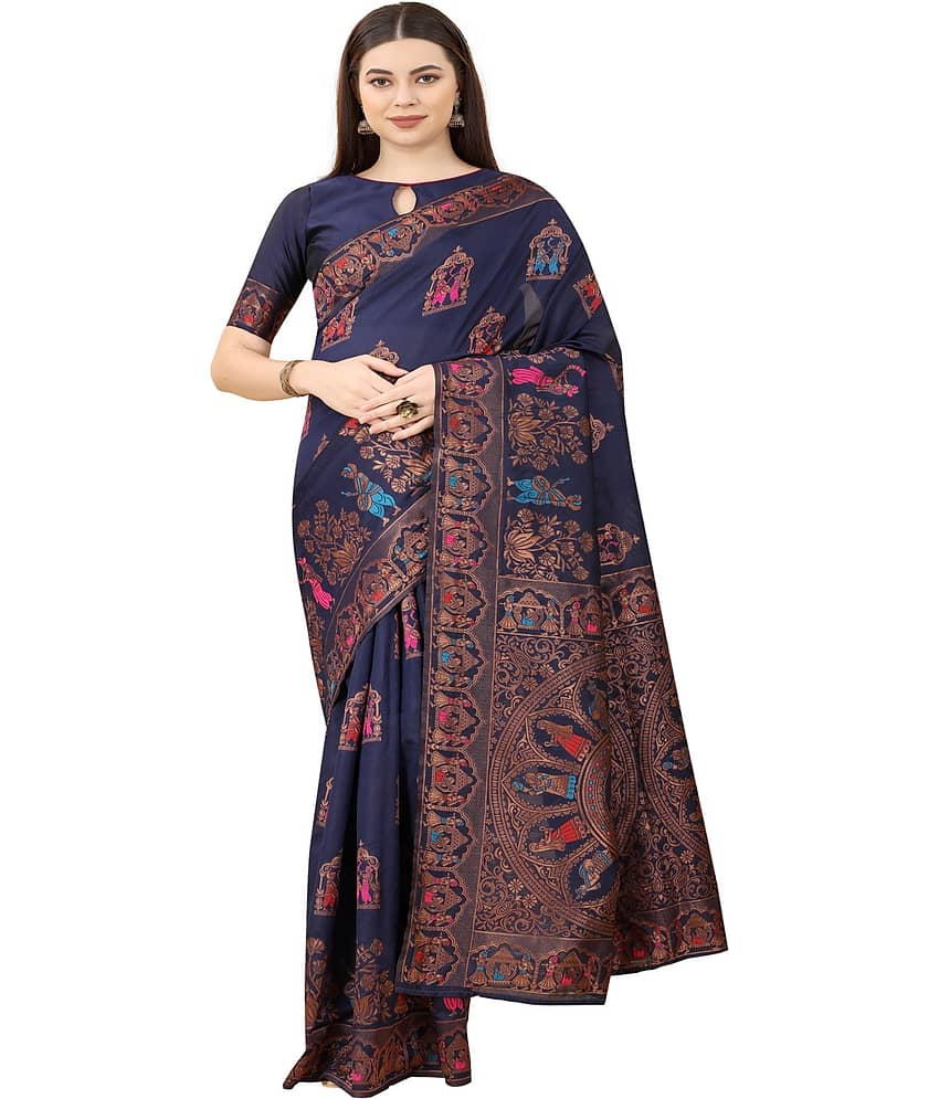NENCY FASHION Banarasi Silk Embellished Saree With Unstitched Blouse Piece ( Blue )