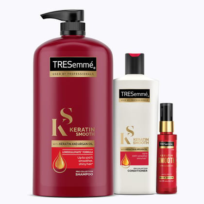 TRESemme Keratin Smooth Shampoo 1L + Conditioner 340ml + Serum 50ml Combo, With Keratin & Argan Oil for Straight, Shiny Hair - Nourishes Dry Hair & Controls Frizz, For Men & Women TRESemme Keratin Smooth Shampoo 1L + Conditioner 340ml + Serum 50ml Combo,